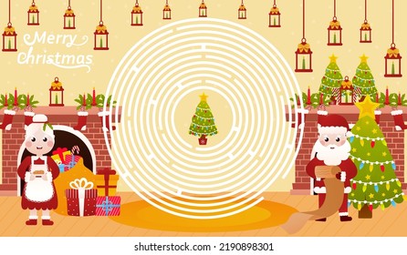 Christmas riddle for kids with santa claus is reading list, mrs claus is holding christmas cookies, circle maze game, printable worksheet for children in cartoon style, logical quest