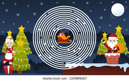 Christmas riddle for kids with santa claus waving from chimney and mrs claus decorating christmas tree, circle maze game, printable worksheet for children in cartoon style, logical quest