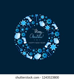 Christmas ring with gifts, piggy piggy bank, socks, snowflakes and ice stars. Dark blue background. Design of New Year's poster, postcard, holiday message, entertainment program.