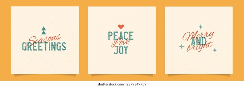 Christmas riso vintage style square posters set. Bauhaus abstract typography pictures with cute quotes. Vector illustration.