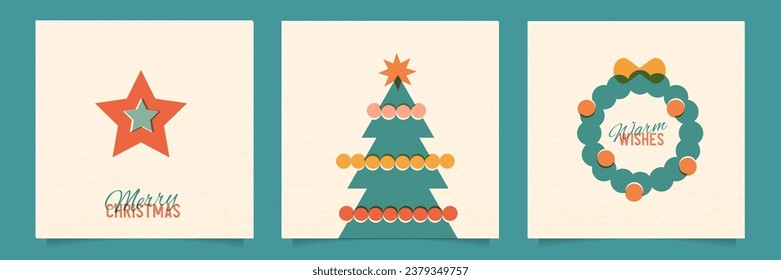 Christmas risograph style posters set with abstract geometric shapes - xmas tree, star, fir wreath. Bauhaus retro pictures. Vector illustrator.