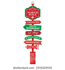 Christmas road sign with arrows and street lamp. A NORTH POLE sign with directions to Santa's workshop, elves village, reindeer barn and others. Illustrated vector clipart.