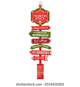 Christmas road sign with arrows and a street lamp on a brick pedestal. A NORTH POLE sign with directions to Santa's workshop, elves village, reindeers way and others. Illustrated vector clipart.