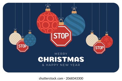 Christmas road stop sign card. Merry Christmas road greeting card. Hang on a thread stop sign as a xmas ball and bauble on horizontal background. Sport Vector illustration.