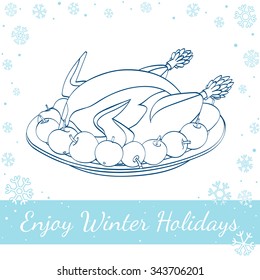 Christmas roast turkey with apples on the plate isolated on white background. Vector hand drawn line art illustration