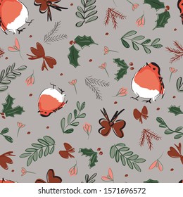 christmas robin decorations seamless repeat pattern. Perfect for christmas greetings, wraps and decorations