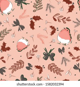 christmas robin decorations seamless repeat pattern. Perfect for christmas greetings, wraps and decorations