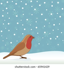 christmas robin in the snow with snowflake background