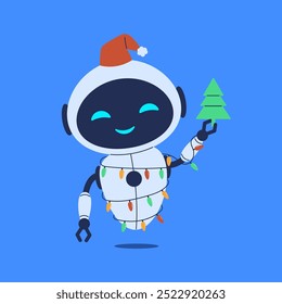 Christmas robot wrapped in garland with Christmas tree. Vector illustration for chatbot designs, AI-themed holiday projects, and festive tech decorations