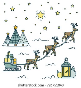 Christmas robotic deer linear art. Robot deer carrying gifts on sledges. Vector Illustration