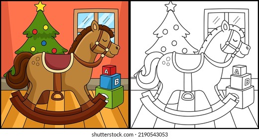 Christmas Rocking Horse Coloring Page Illustration