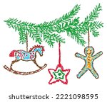 Christmas rocking horse gingerbread man, star with fir branch. Holiday decor, tree and snow. Hand drawing cute cartoon background. Crayon, pastel chalk, kid pencil funny doodle simple vector stroke