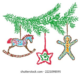 Christmas rocking horse gingerbread man  star and fir branch  Holiday decor  tree   snow  Hand drawing cute cartoon background  Crayon  pastel chalk  kid pencil funny doodle simple vector stroke