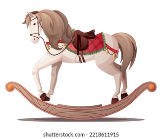 christmas rocking horse on isolated background. Christmas children's horse toy with Christmas decorations. Vector cartoon illustration