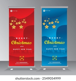 Projeto de banner de rolo de Natal, Natal e ano novo rolo acima banner para empresa, negócios, loja, venda de Natal vertical rolo acima banner com cor vermelha e azul, banner vetor, eps 10 vetor.