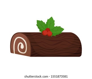 Christmas roll with cream in the form of a log. Isolated vector illustration.