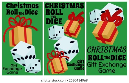 Christmas Roll the Dice Gift Exchange Game, Set of vertical leaflets or flyers vector illustration for popular holiday activities