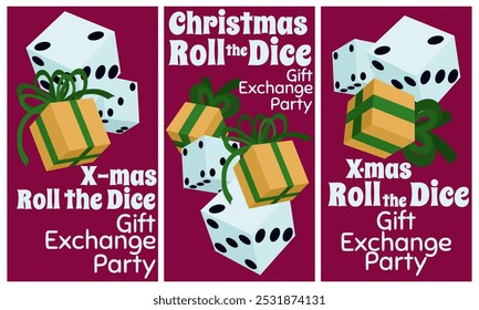 Christmas Roll the Dice Gift Exchange Party, Conjunto de folhetos verticais ou convites ilustração vetorial para lazer de férias populares na companhia de amigos ou colegas