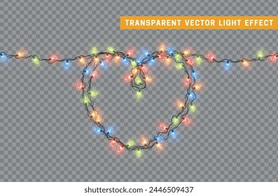 Christmas romantic decorative light garlands in the shape of a heart. New Year's decor. Realistic Xmas holiday decoration. vector illustration