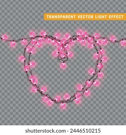 Christmas romantic decorative light garlands in the shape of a heart. New Year's decor. Realistic Xmas holiday decoration. vector illustration