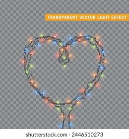 Christmas romantic decorative light garlands in the shape of a heart. New Year's decor. Realistic Xmas holiday decoration. vector illustration