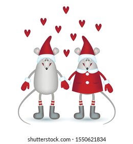 Christmas romantic greeting card on white background. Gray happy mice, boy and a girl in a red cap, stockings and mittens holding hands and red hearts. Isolated congratulatory cartoon banner.
