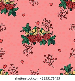 Patrón de Navidad romántico sin foco. Par de aves amorosas con el corazón, bayas, flores de la poinsettia, floridas sobre fondo rosa. Ilustración vectorial. Diseño repetitivo folk de Navidad