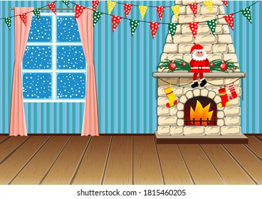 Christmas room decorated with flags. Christmas decorations for the fireplace. in a flat cartoon style. Vector. a festively decorated fireplace with a toy Santa and balls.