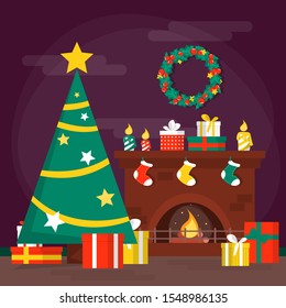 Christmas room decoration, fireplace and tree. Winter holiday, greeting card design. Home interior, green fir and heat from the fire in fireplace.