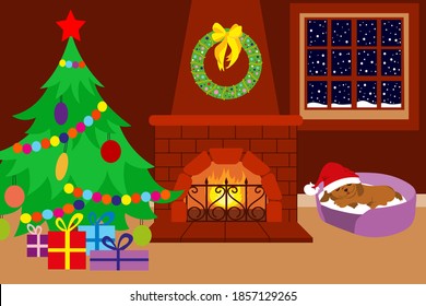 Christmas room. The fireplace is decorated with a Christmas wreath. It is snowing outside. Christmas tree, gifts and cute puppy in a red Santa Claus hat. Cozy room interior.