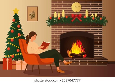 Christmas room with fireplace in festive decoration. Woman reading book sitting in armchair near fireplace and Christmas tree with presents. Christmas Eve.