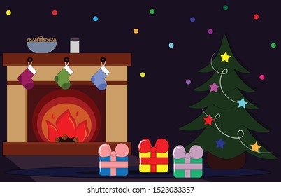 Christmas room with fireplace and Christmas tree