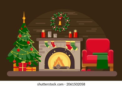 Christmas room with fireplace and Christmas tree, armchair and gifts. Wooden house. Cozy festive interior. Vector illustration in a flat style.