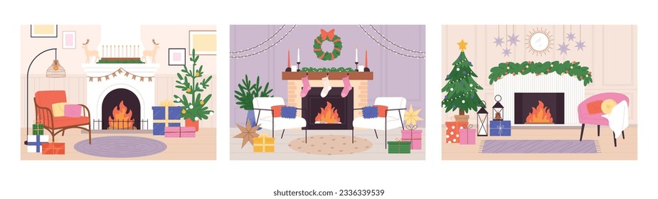 Christmas room with fireplace. Xmas atmosphere, holiday rooms interiors with gifts, chairs and decorations. Elegant winter racy vector scenes