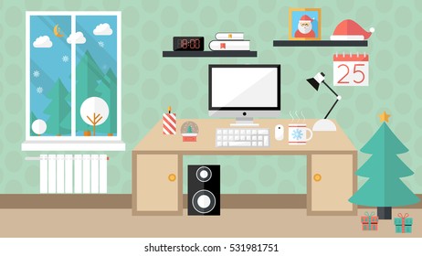 Christmas room.  Flat design style modern vector illustration. Isolated on stylish color background. . Elements in flat design.