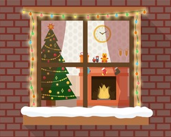 Christmas Room With Furniture, Christmas Tree And Fireplace Through The Window With Lights And Decoration. Flat Style Vector Illustration.