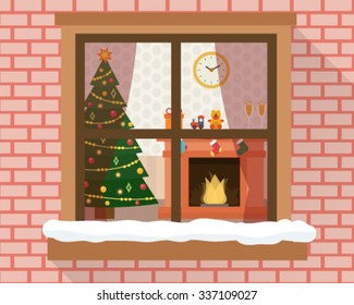 Christmas room with furniture, christmas tree and fireplace through the window. Flat style vector illustration.