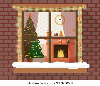 Christmas Room With Furniture, Christmas Tree And Fireplace Through The Window With Lights And Decoration. Flat Style Vector Illustration.