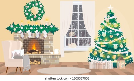 Christmas room interior. Armchair with pillow, decorated Christmas tree, colorful gifts and snow outside the window. 