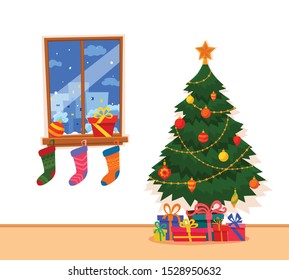 Christmas room interior in colorful cartoon flat style illustration. Fir tree, gifts, socks, window with winter landscape, decorations. Cozy noel xmas night celebration vector concept.