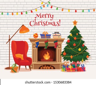 Christmas room interior in colorful cartoon flat style. Fir tree, gifts, decoration, arm chair, fireplace, table with teapot cup. Cozy noel xmas night celebration vector illustration.