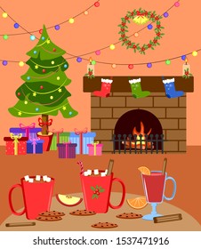 Christmas room interior in colorful cartoon flat style. Christmas tree, gifts, fireplace, table with red cup. Cozy night celebration vector illustration.