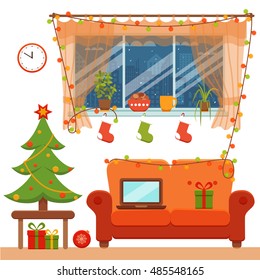 Christmas room interior in colorful cartoon flat style. Christmas tree, gifts, decoration, sofa, window,  laptop.   Cozy noel xmas night celebration interior vector illustration.