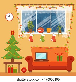 Christmas room interior in colorful cartoon flat style. Christmas tree, gifts, decoration, sofa, window,  laptop.   Cozy noel xmas night celebration interior vector illustration.