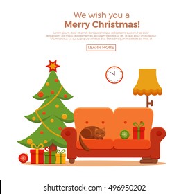 Christmas room interior in colorful cartoon flat style. Christmas tree, gifts, decoration, sofa, cat,  clock, floor lamp.   Cozy noel xmas night celebration interior vector illustration.