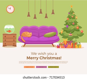 Christmas room interior in colorful cartoon flat style. Christmas tree, gifts, decoration, sofa, cat, aquarium fish. Cozy noel xmas night celebration interior vector illustration.