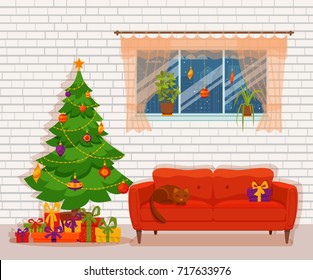 Christmas room interior in colorful cartoon flat style. Christmas tree, gifts, decoration, sofa, cat, window curtains, floor lamp. Cozy noel xmas night celebration interior vector illustration.