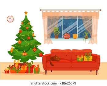 Christmas room interior in colorful cartoon flat style. Christmas tree, gifts, decoration, sofa, cat, window curtains, floor lamp. Cozy noel xmas night celebration interior vector illustration.