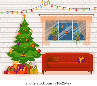 Christmas room interior in colorful cartoon flat style. Christmas tree, gifts, decoration, sofa, cat, light bulb chain, window curtains. Cozy noel xmas night celebration interior vector illustration.