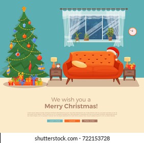 Christmas room interior in colorful cartoon flat style. Christmas tree, gifts, decoration, sofa, cat, window curtains, floor lamp. Cozy noel xmas night celebration interior vector illustration.